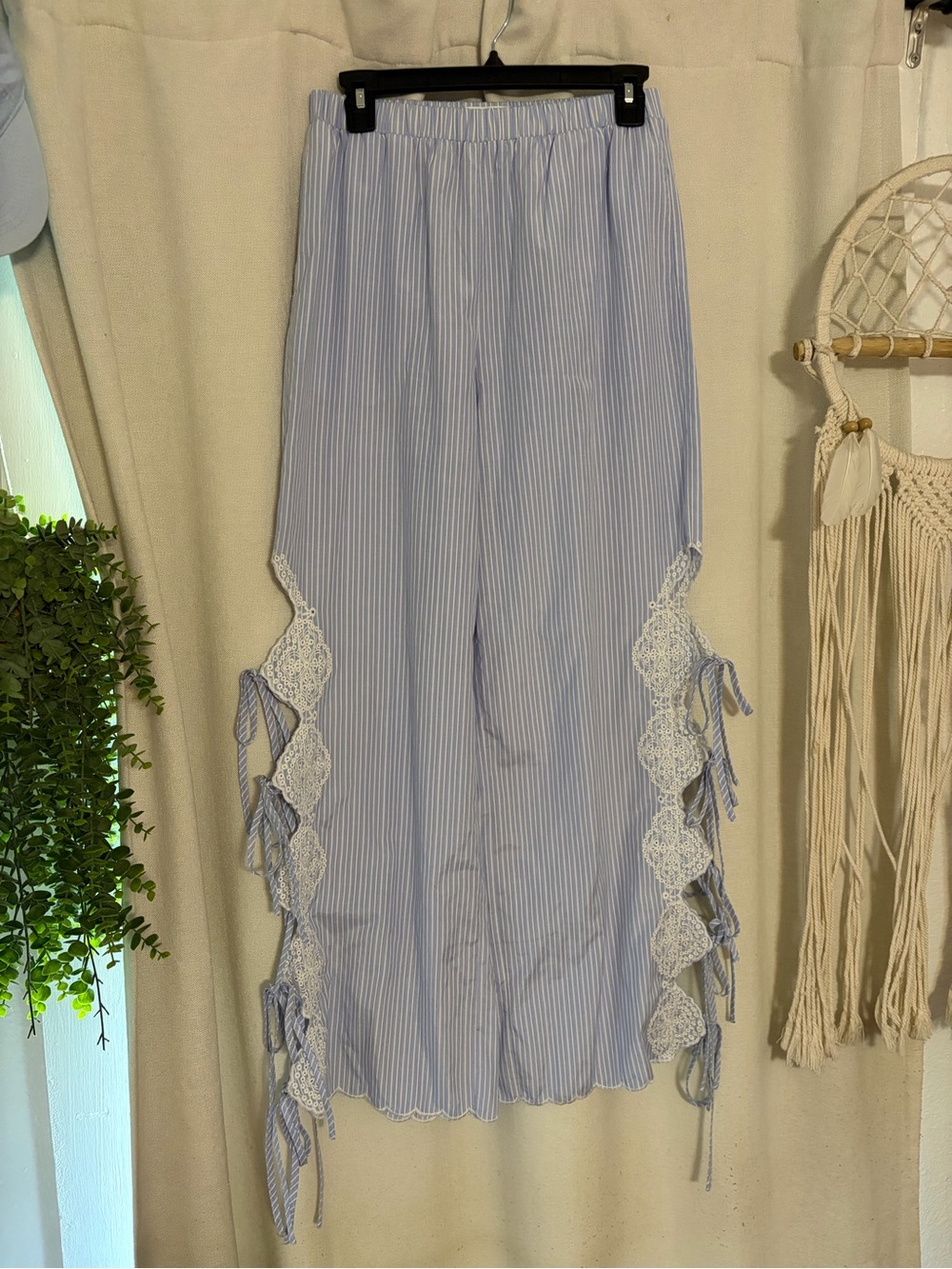 mittoshop Light Blue Pinstripe Wide Leg Pants with White Lace